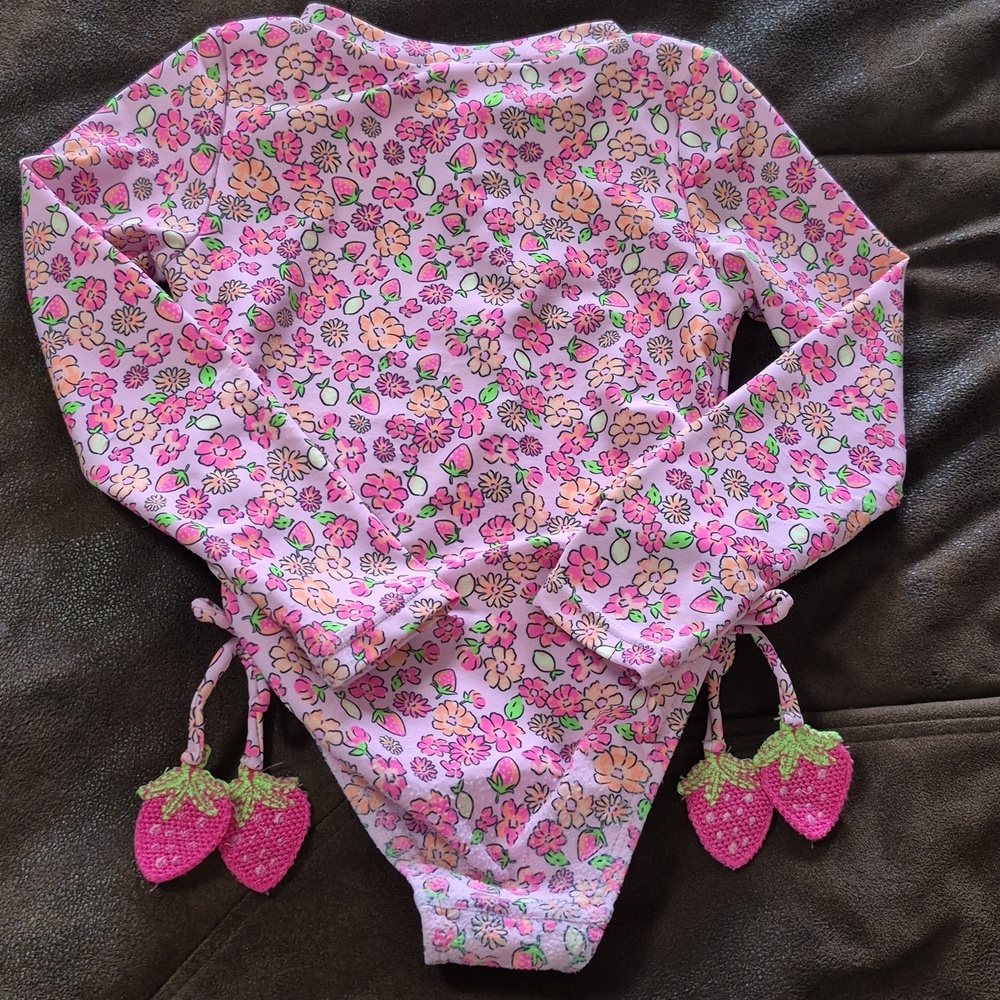 Nicole Miller Pink Strawberry Zip One-Piece with Aqua Floral Rash Guard Set, 2pc - Picture 6 of 10